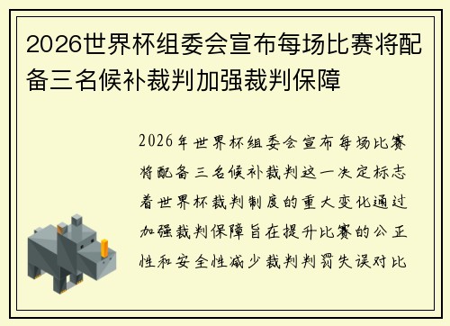 2026世界杯组委会宣布每场比赛将配备三名候补裁判加强裁判保障